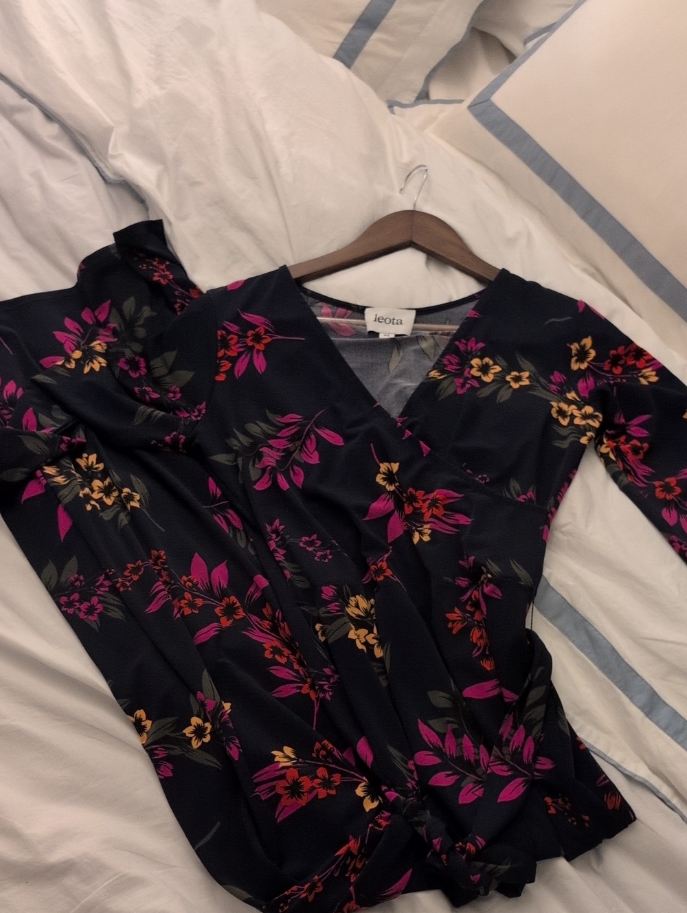 Leota Navy Floral Wrap Dress with Fuchsia & Mustard Blooms